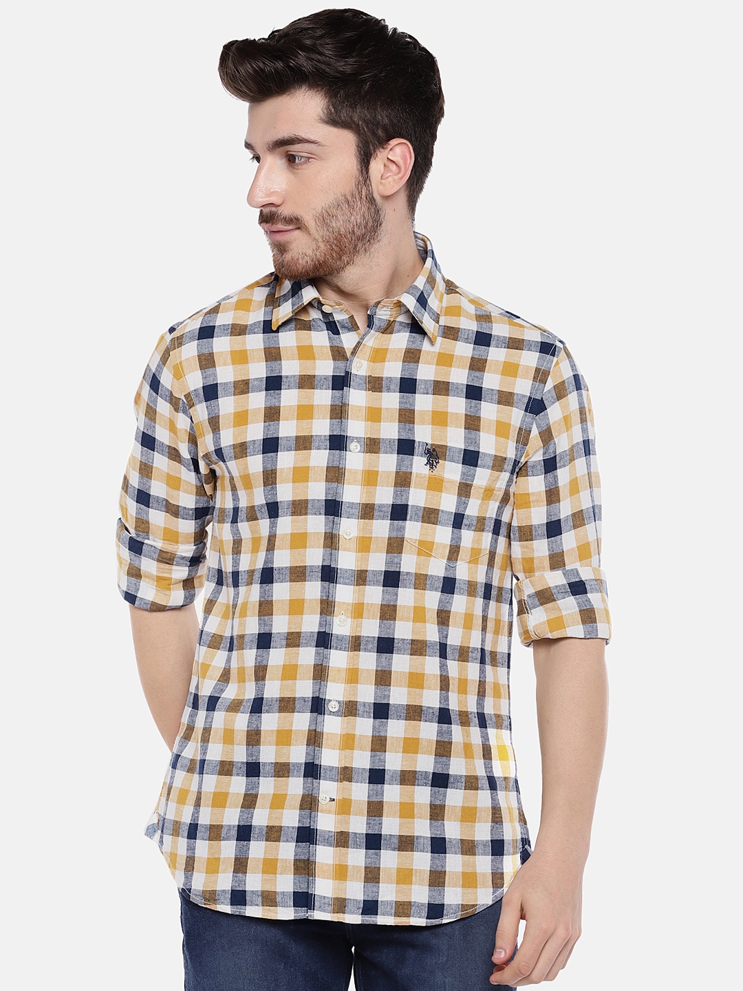 

U.S. Polo Assn. Men Yellow & White Tailored Fit Checked Casual Shirt