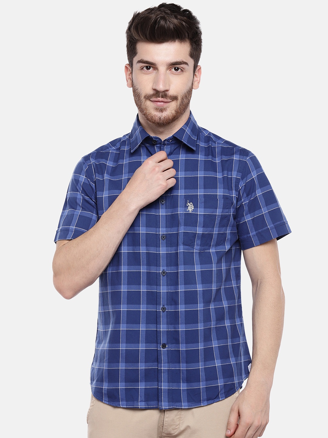 

U.S. Polo Assn. Men Navy Blue Tailored Fit Checked Casual Shirt
