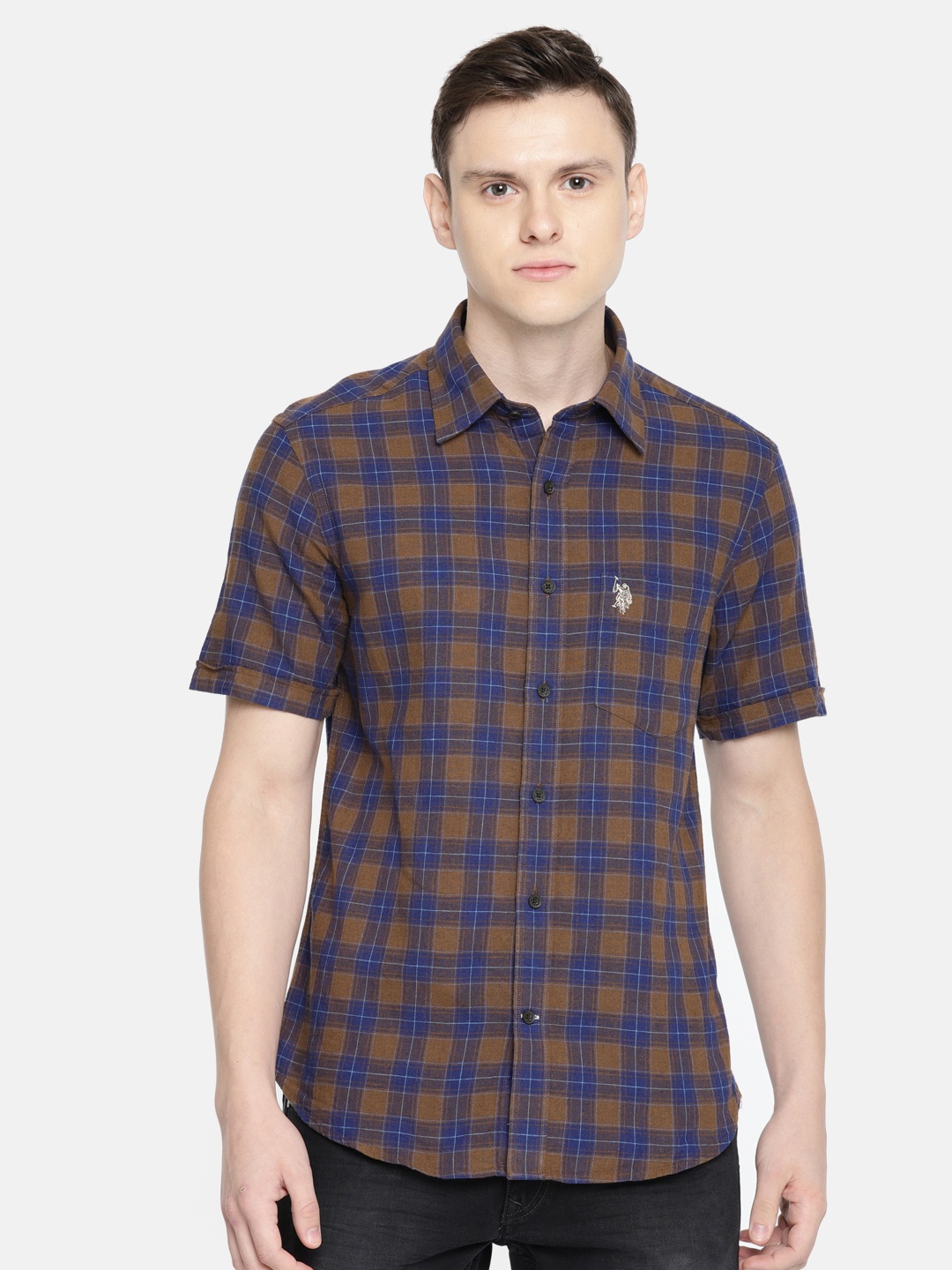 

U.S. Polo Assn. Men Brown & Navy Blue Tailored Fit Checked Casual Shirt