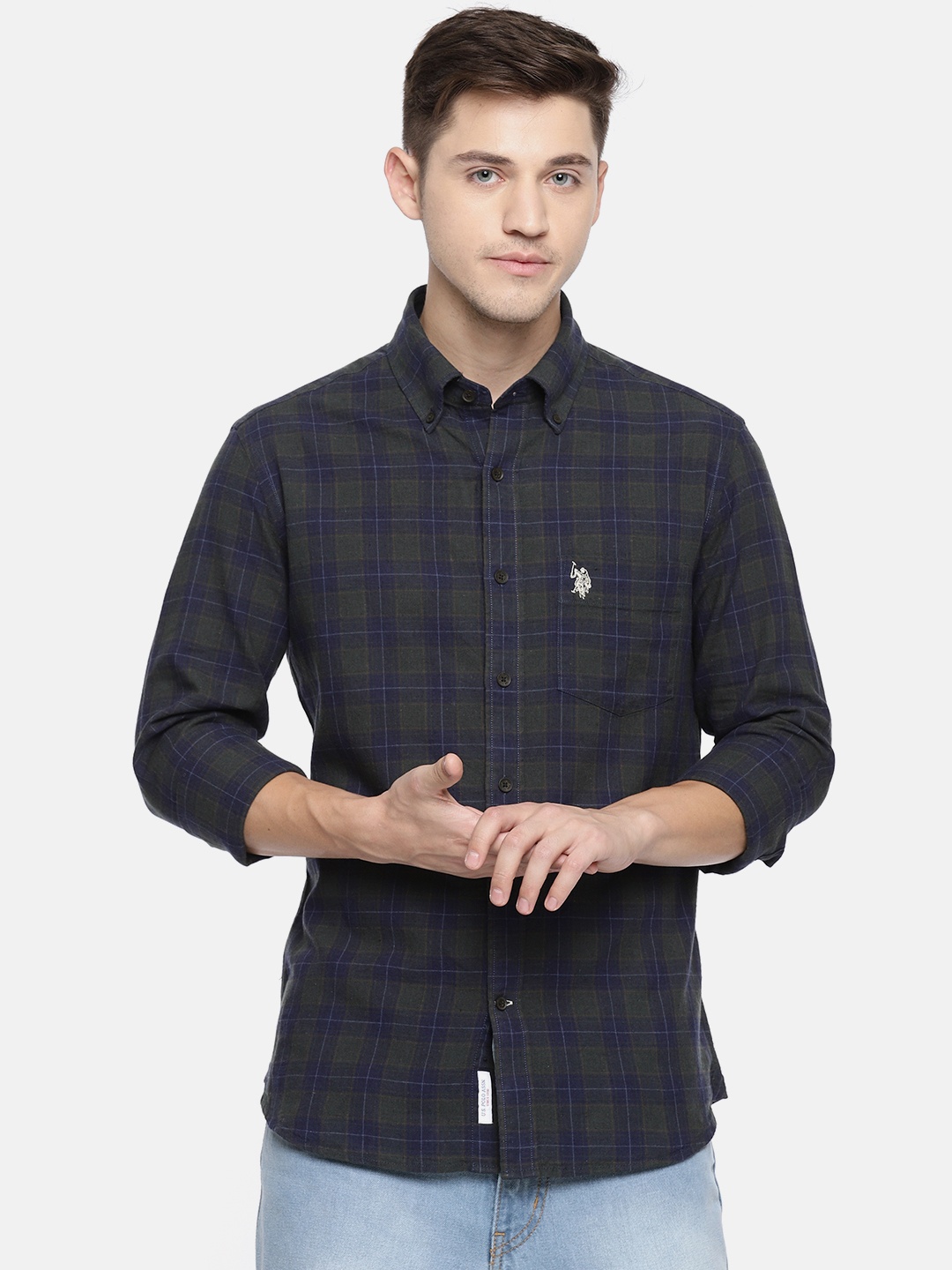 

U.S. Polo Assn. Men Green & Navy Blue Tailored Fit Checked Casual Shirt