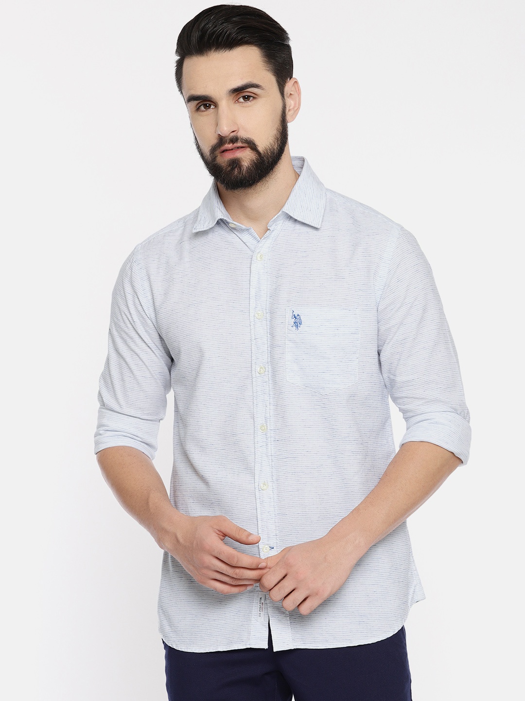 

U.S. Polo Assn. Men White & Blue Tailored Fit Self Design Casual Shirt