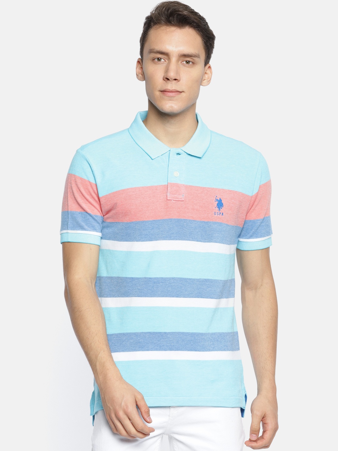 

U.S. Polo Assn. Men Blue Red Striped Polo Collar Pure Cotton T-shirt