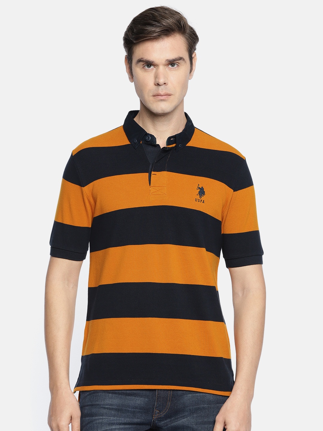 

U.S. Polo Assn. Men Mustard Yellow And Navy Blue Striped Polo Collar Pure Cotton T-shirt