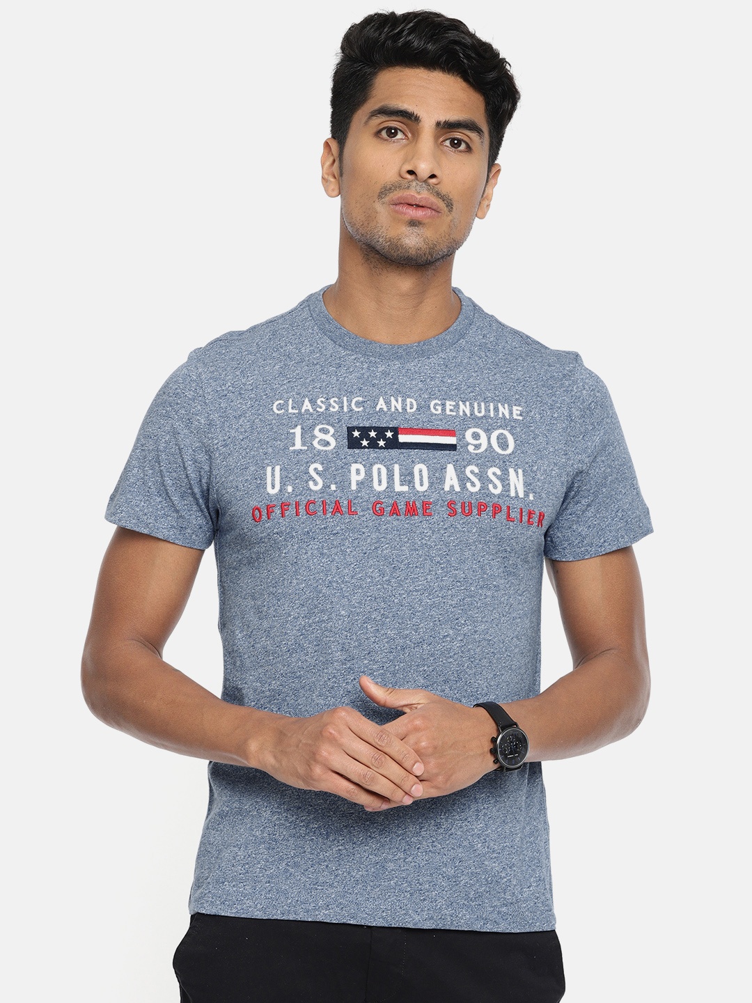 

U.S. Polo Assn. Men Blue Printed Round Neck Pure Cotton T-shirt