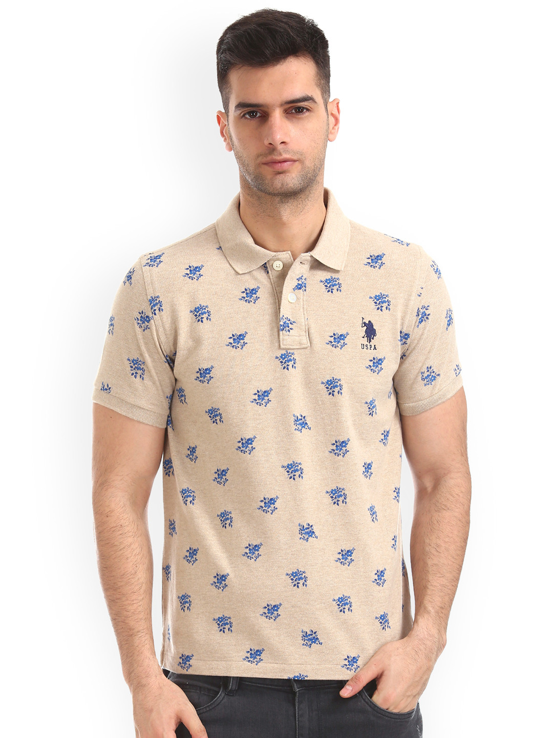

U.S. Polo Assn. Men Beige Printed Polo Collar Pure Cotton T-shirt