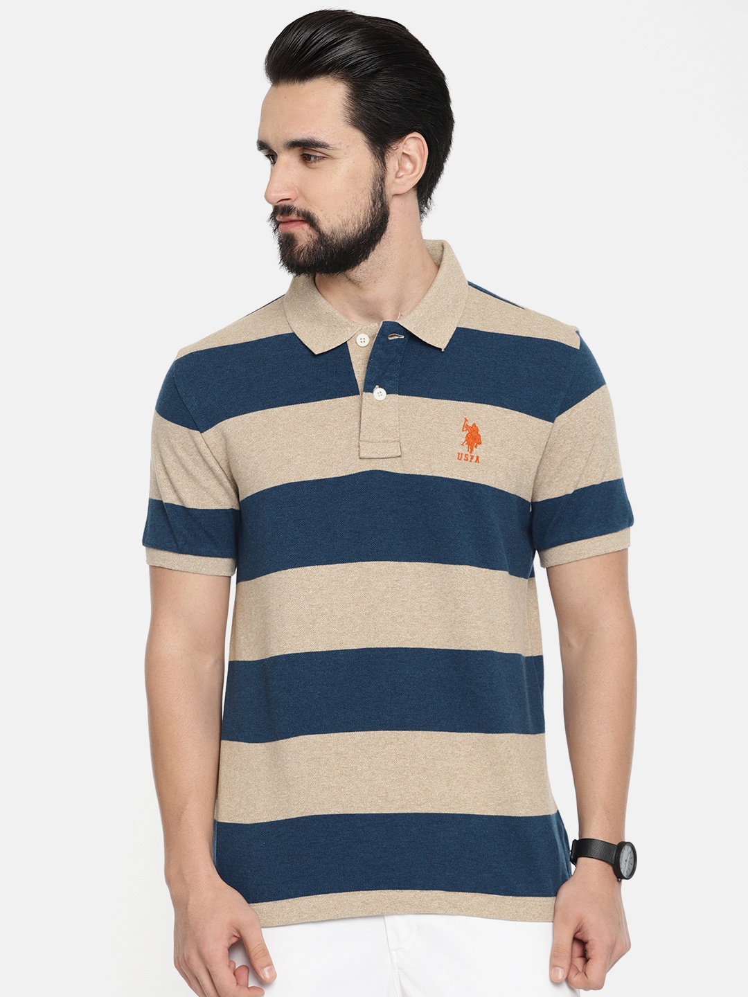 

U.S. Polo Assn. Men Grey Striped Polo Collar Pure Cotton T-shirt