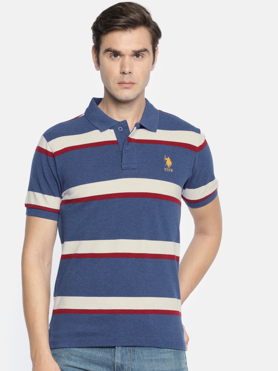 

U.S. Polo Assn. Men Blue Off-White Striped Polo Collar Pure Cotton T-shirt