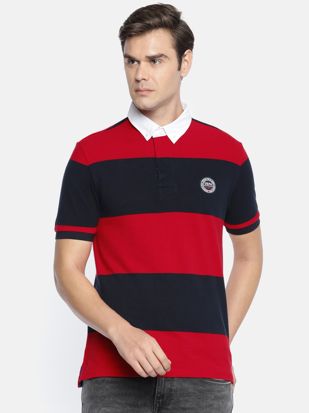 

U.S. Polo Assn. Men Red Navy Striped Polo Collar Pure Cotton T-shirt