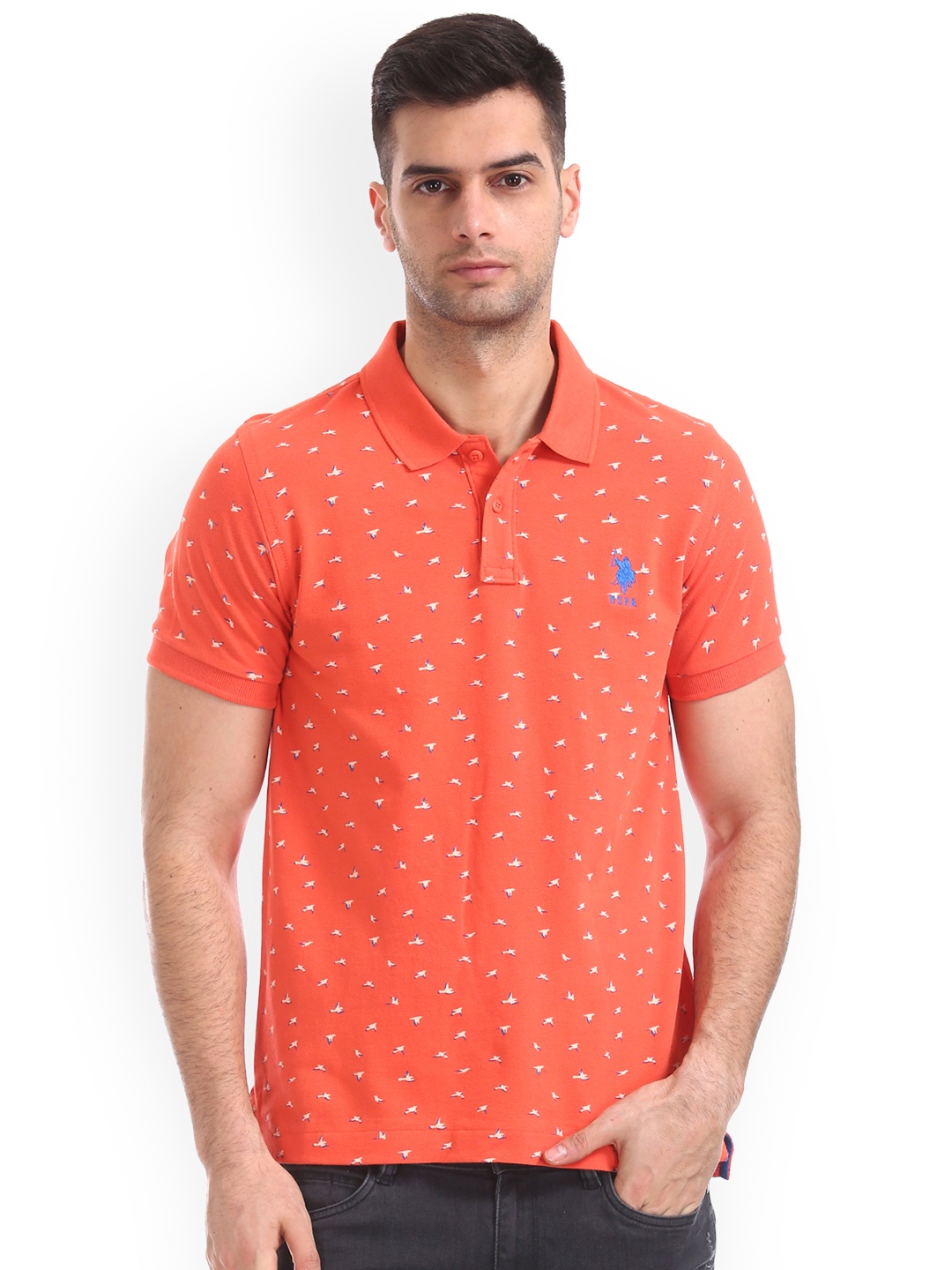 

U.S. Polo Assn. Men Coral Printed Polo Collar Pure Cotton T-shirt