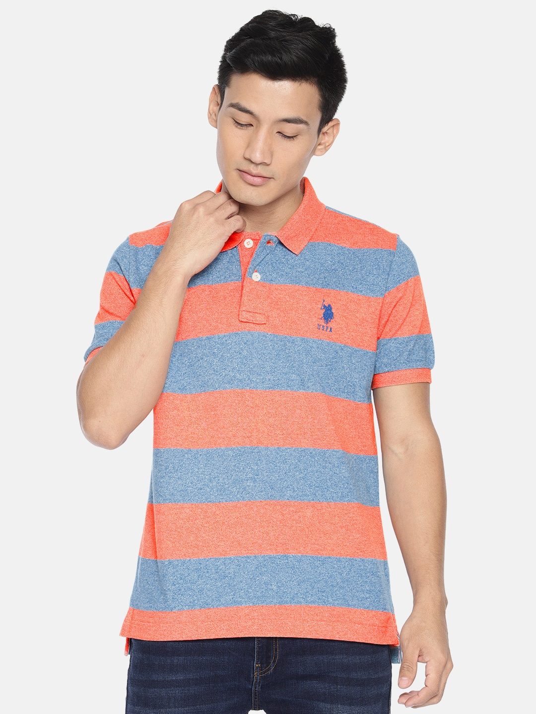

U.S. Polo Assn. Men Coral & Blue Striped Polo Collar T-shirt