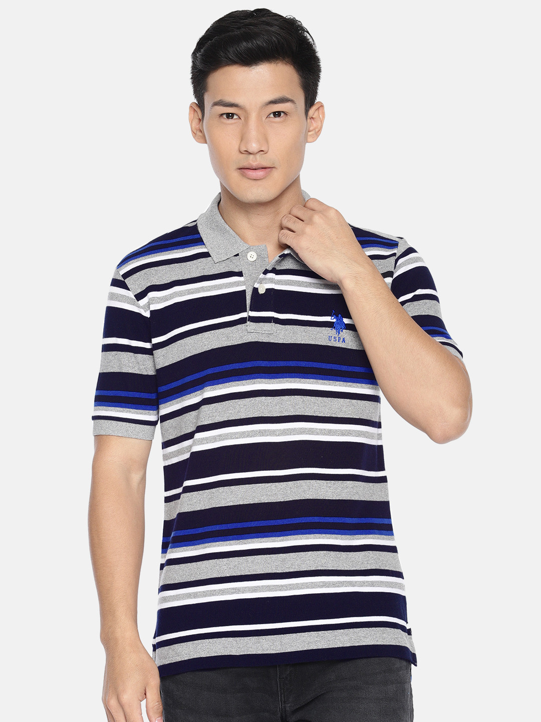 

U.S. Polo Assn. Men Blue & Grey Striped Polo Collar T-shirt