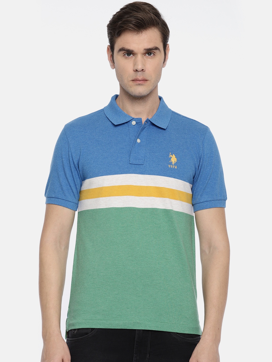 

U.S. Polo Assn. Men Green Blue Colourblocked Polo Collar Pure Cotton T-shirt