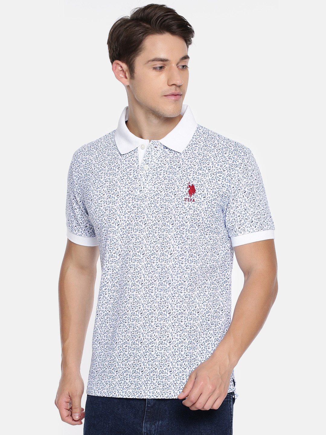 

U.S. Polo Assn. Men White Printed Polo Collar Pure Cotton T-shirt