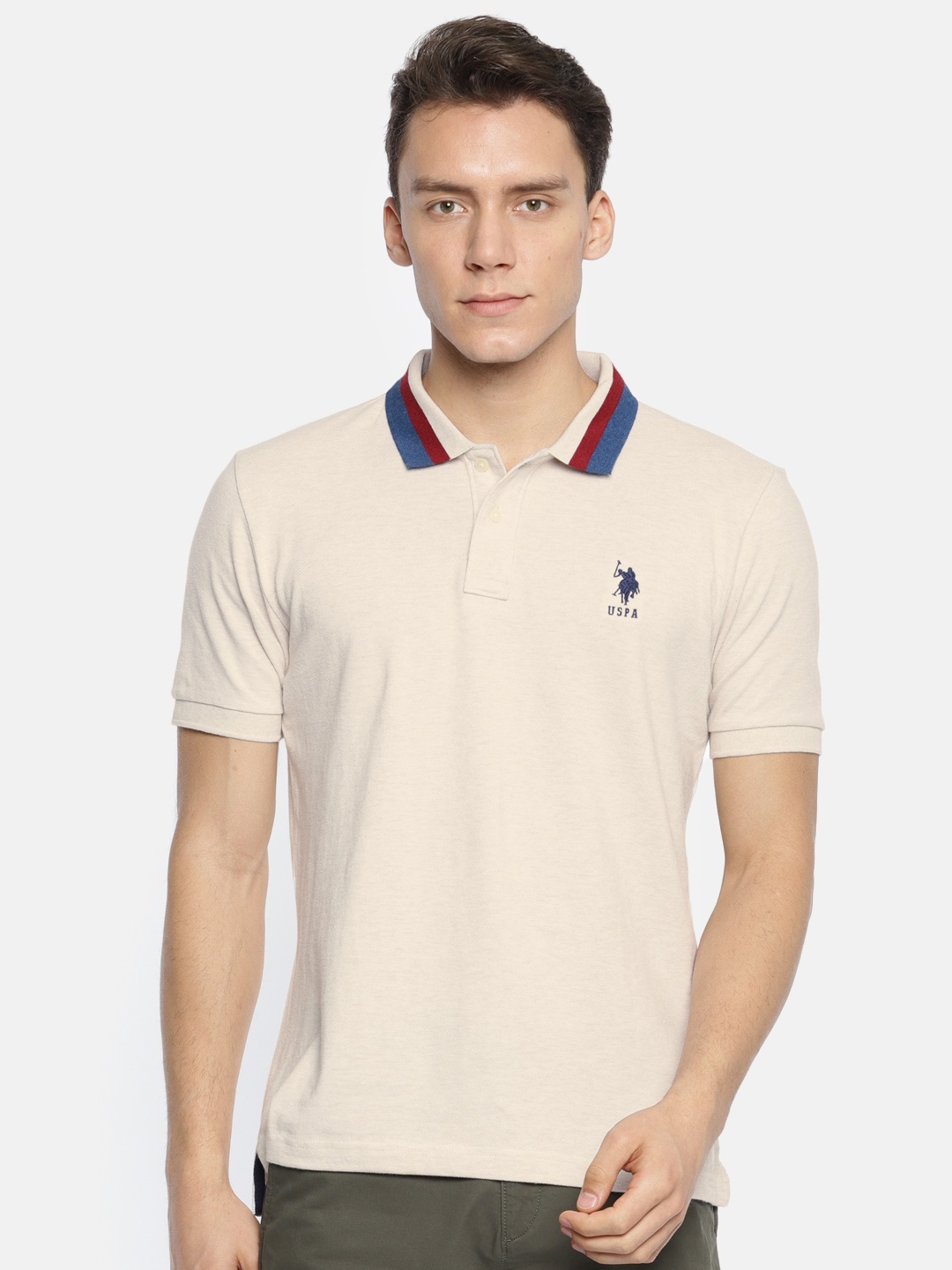 

U.S. Polo Assn. Men Off-White Solid Polo Collar Pure Cotton T-shirt