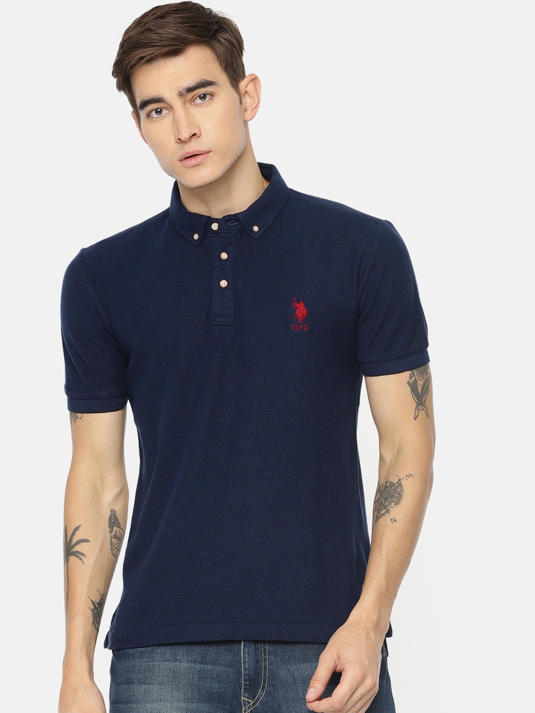 

U.S. Polo Assn. Men Navy Blue Solid Polo Collar Pure Cotton T-shirt