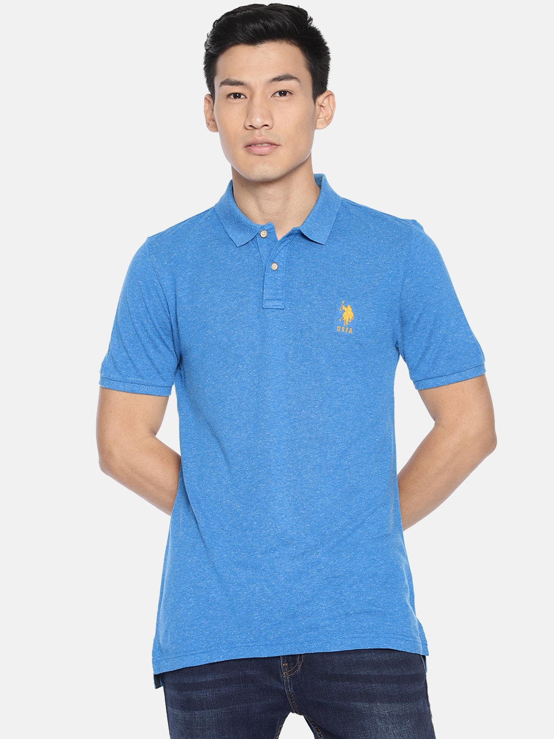 

U.S. Polo Assn. Men Blue Solid Polo Collar Pure Cotton T-shirt