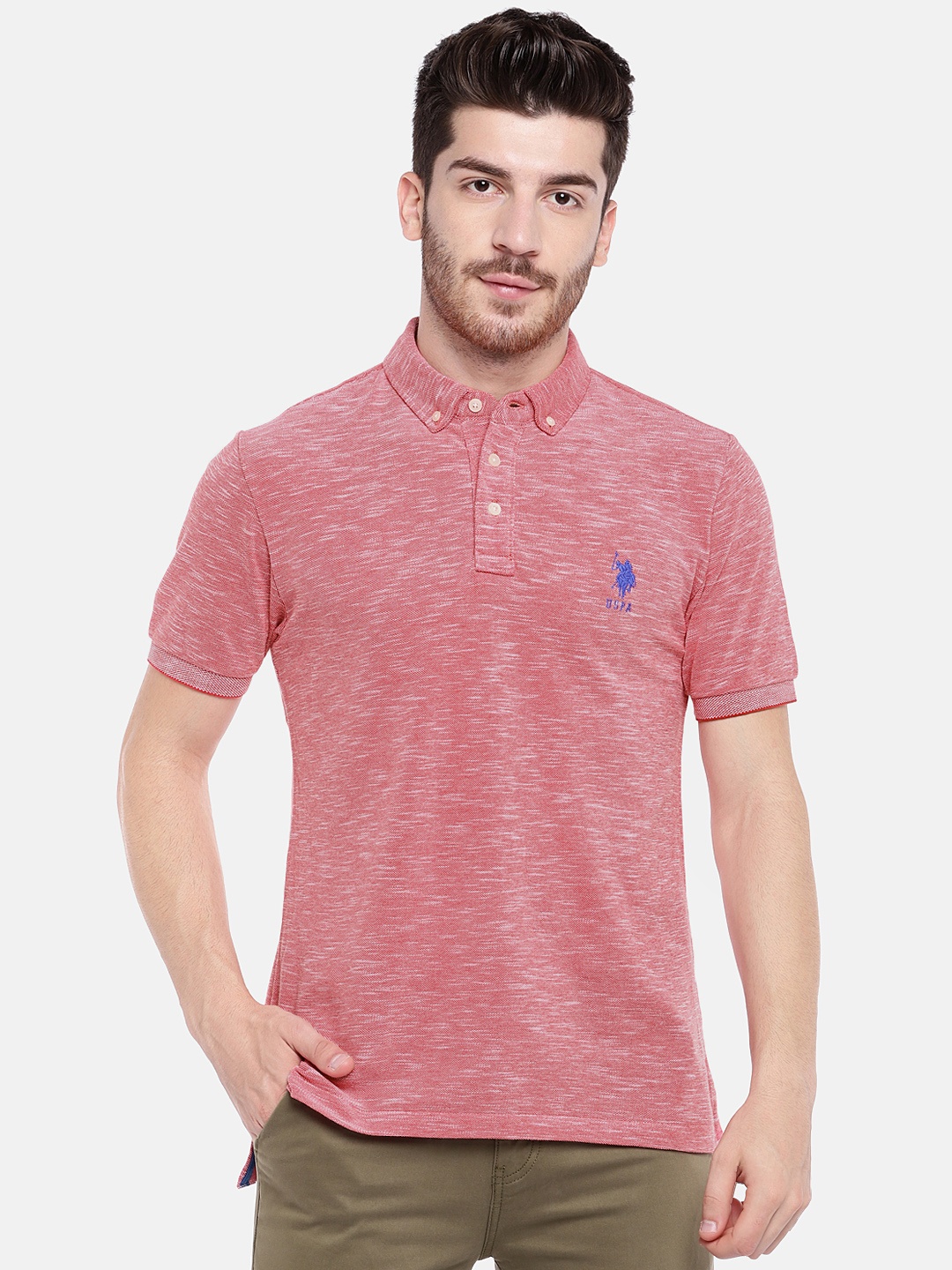 

U.S. Polo Assn. Men Red Solid Polo Collar Pure Cotton T-shirt