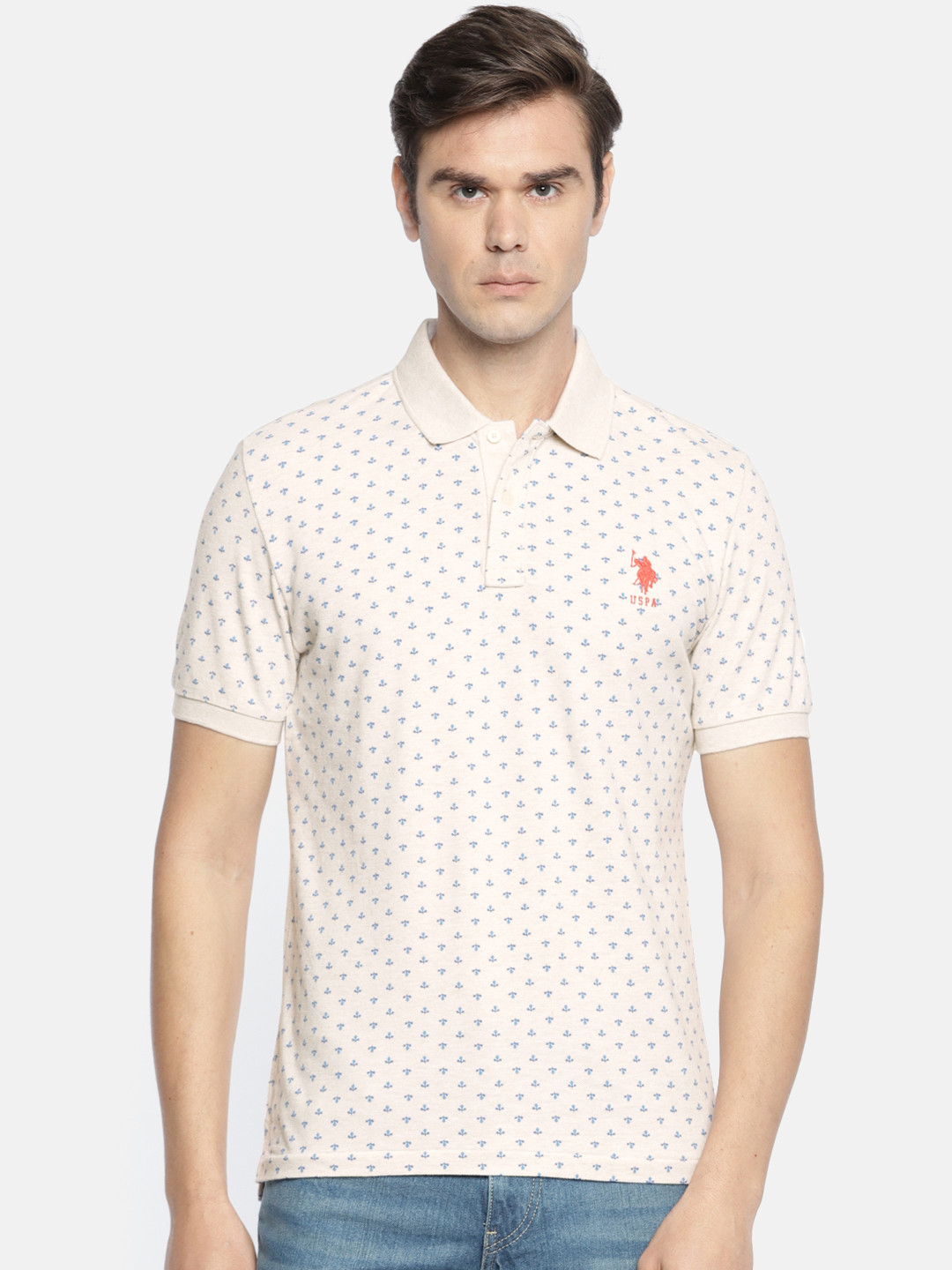 

U.S. Polo Assn. Men Beige Printed Polo Collar Pure Cotton T-shirt