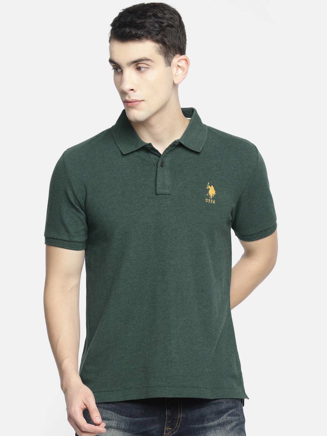 

U.S. Polo Assn. Men Green Solid Polo Collar T-shirt
