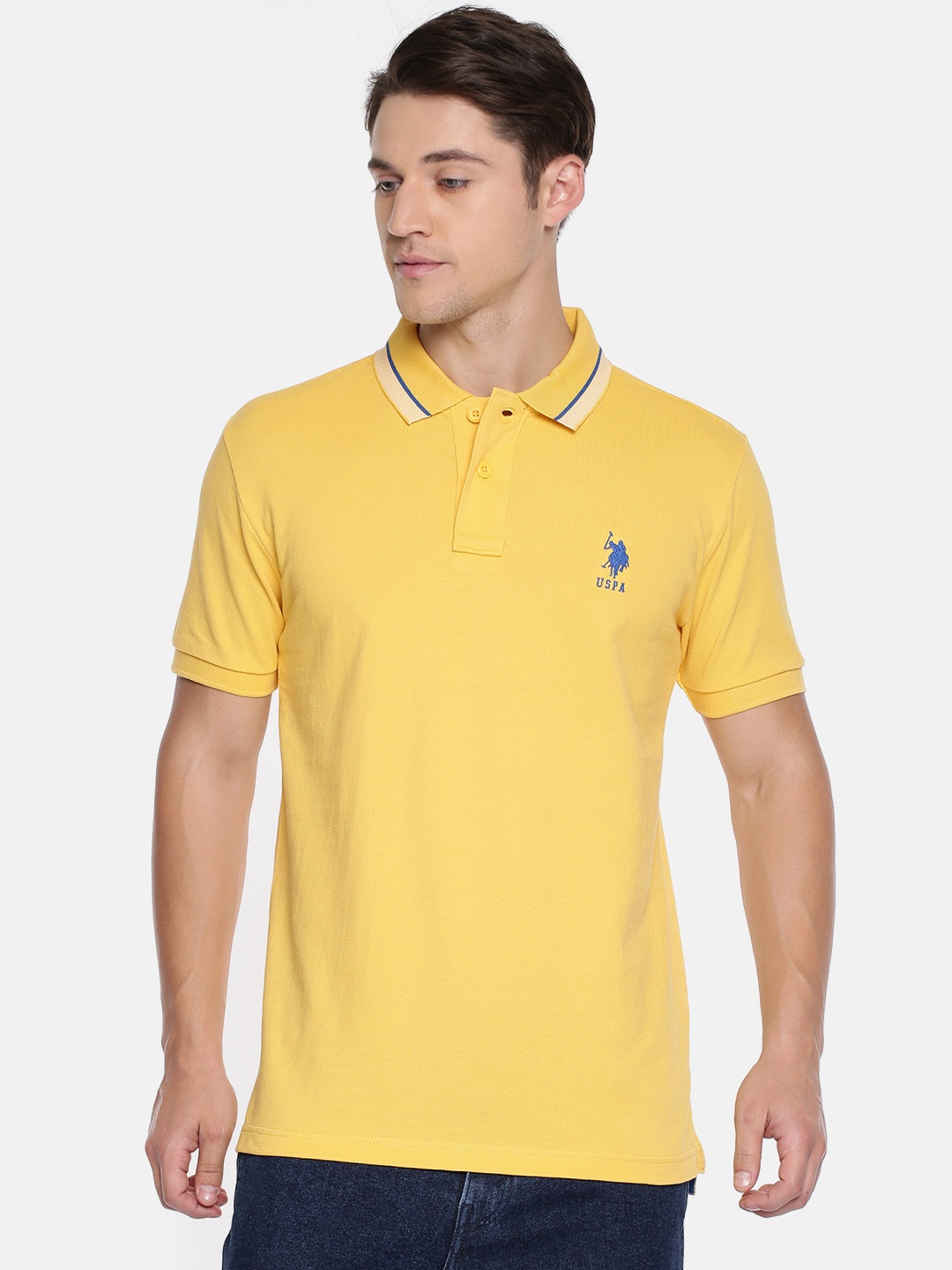 

U.S. Polo Assn. Men Yellow Solid Polo Collar Pure Cotton T-shirt