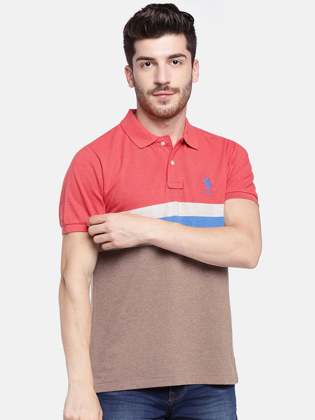 

U.S. Polo Assn. Men Red Brown Colourblocked Polo Collar Pure Cotton T-shirt