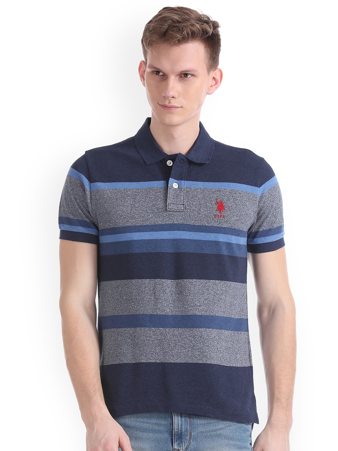 

U.S. Polo Assn. Men Blue Solid Polo Collar Pure Cotton T-shirt