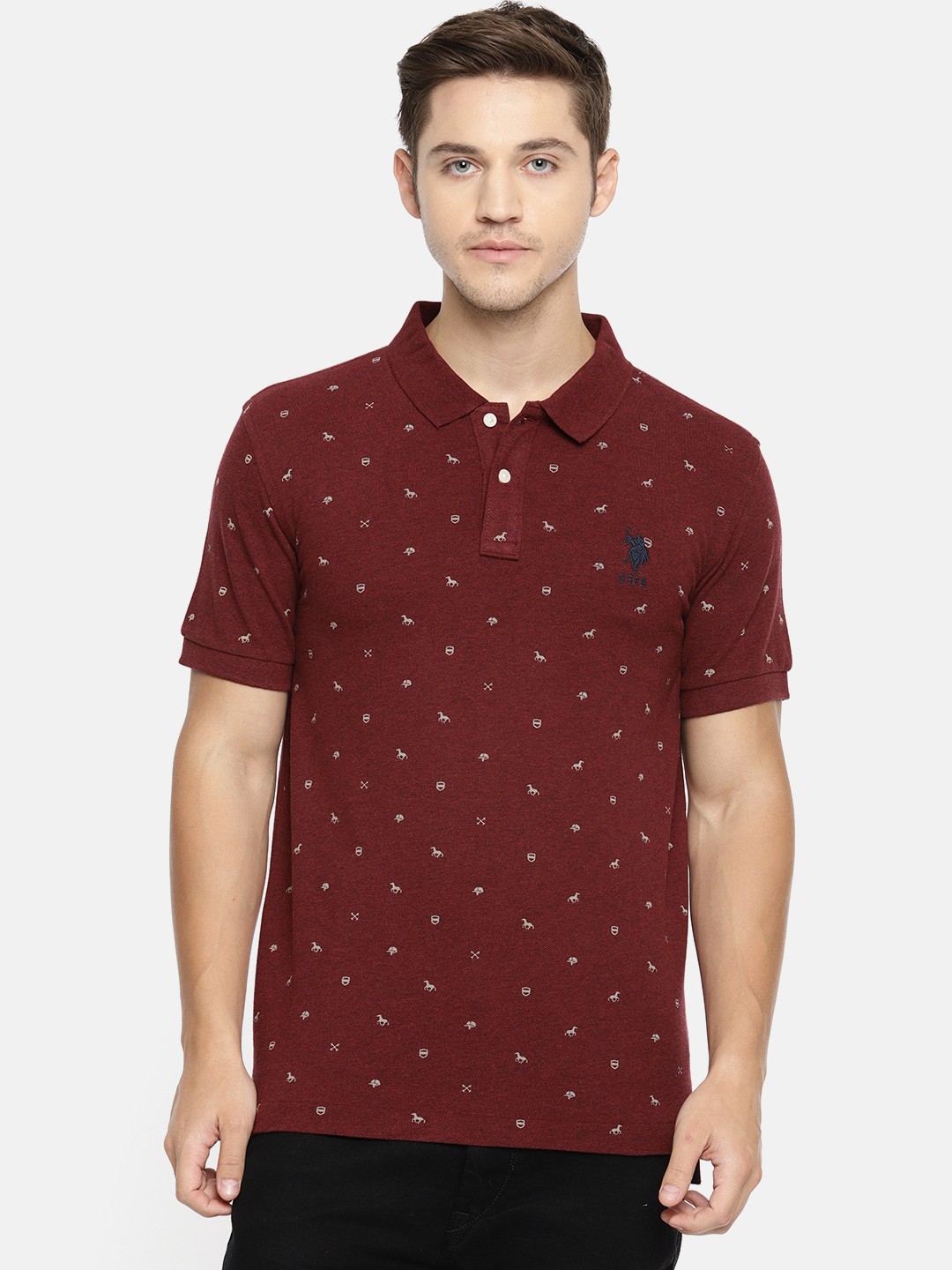 

U.S. Polo Assn. Men Maroon Printed Polo Collar Pure Cotton T-shirt
