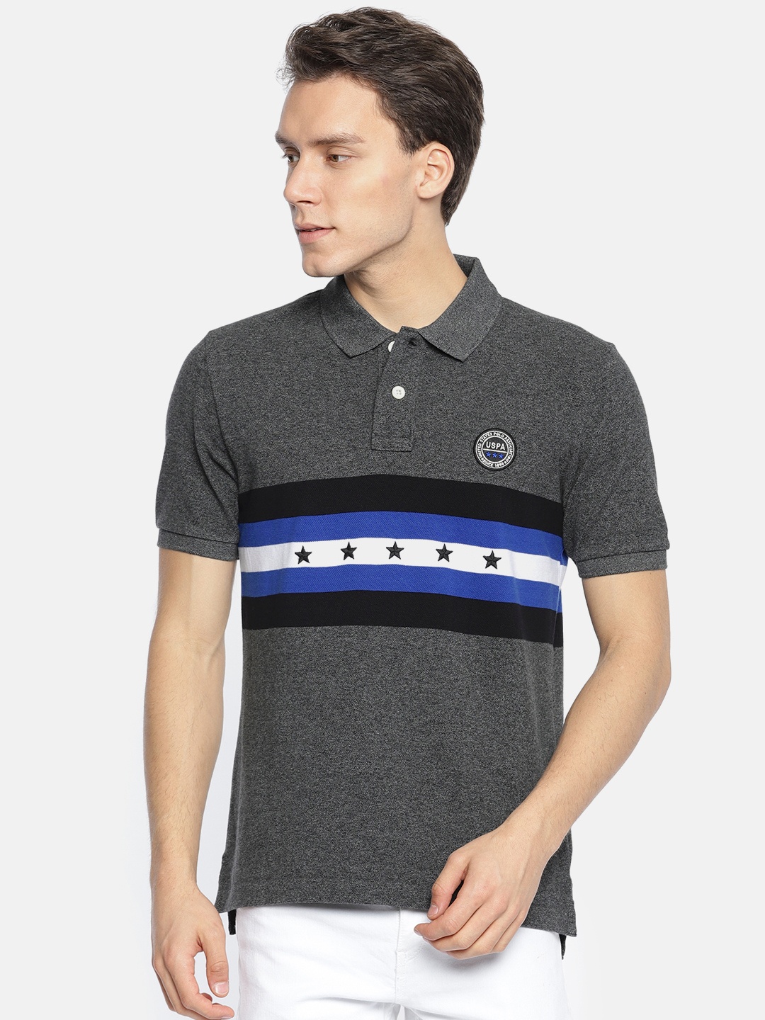 

U.S. Polo Assn. Men Charcoal Grey Striped Polo Collar Pure Cotton T-shirt