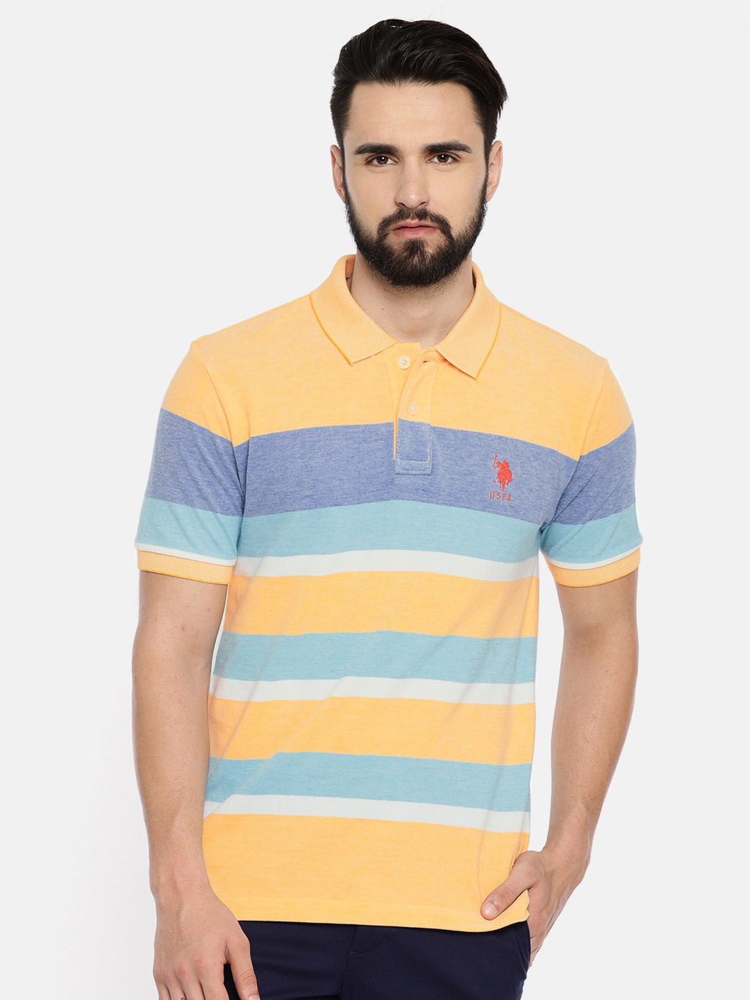 

U.S. Polo Assn. Men Yellow Blue Striped Polo Collar Pure Cotton T-shirt