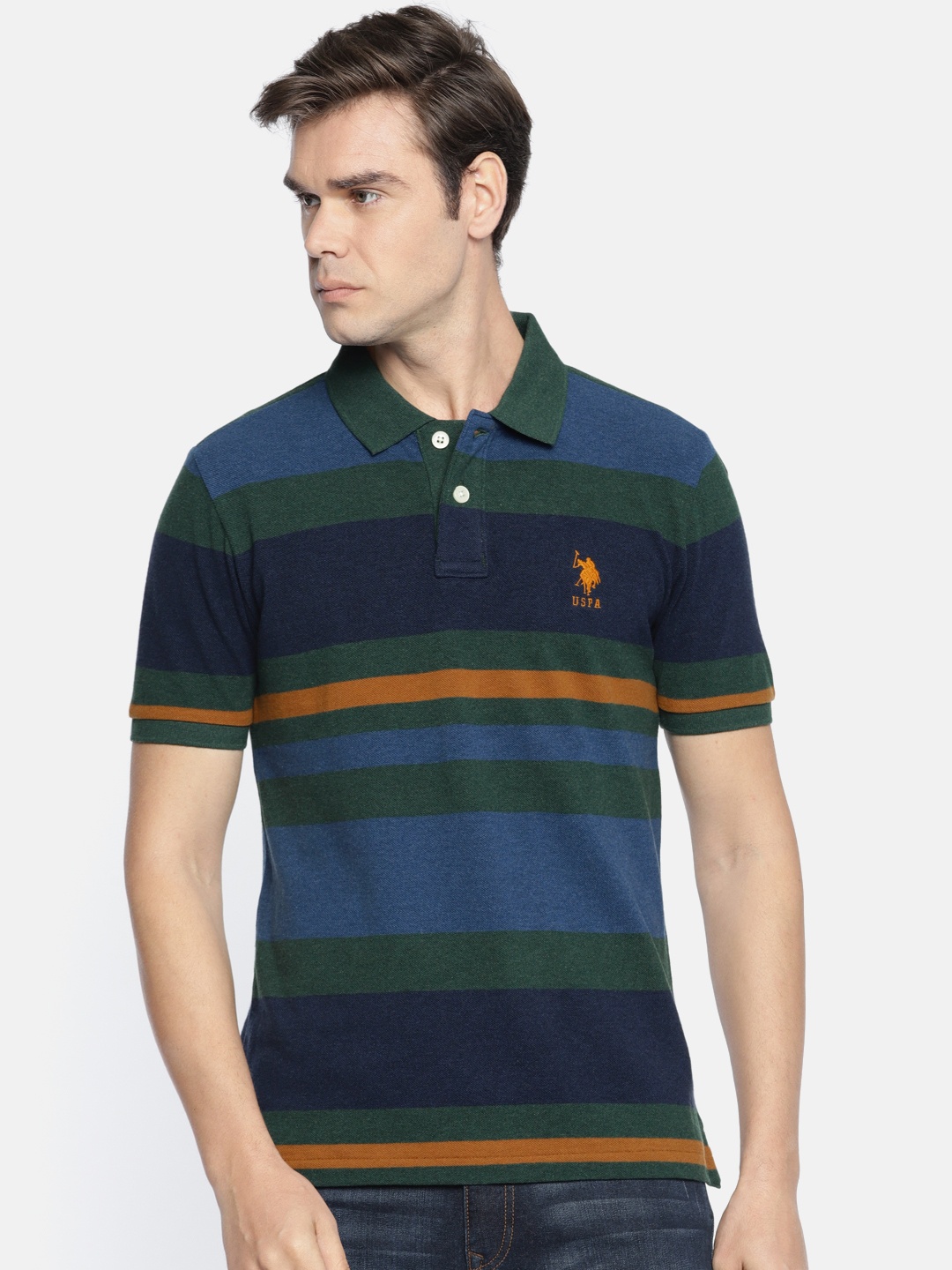 

U.S. Polo Assn. Men Blue Green Striped Polo Collar Pure Cotton T-shirt