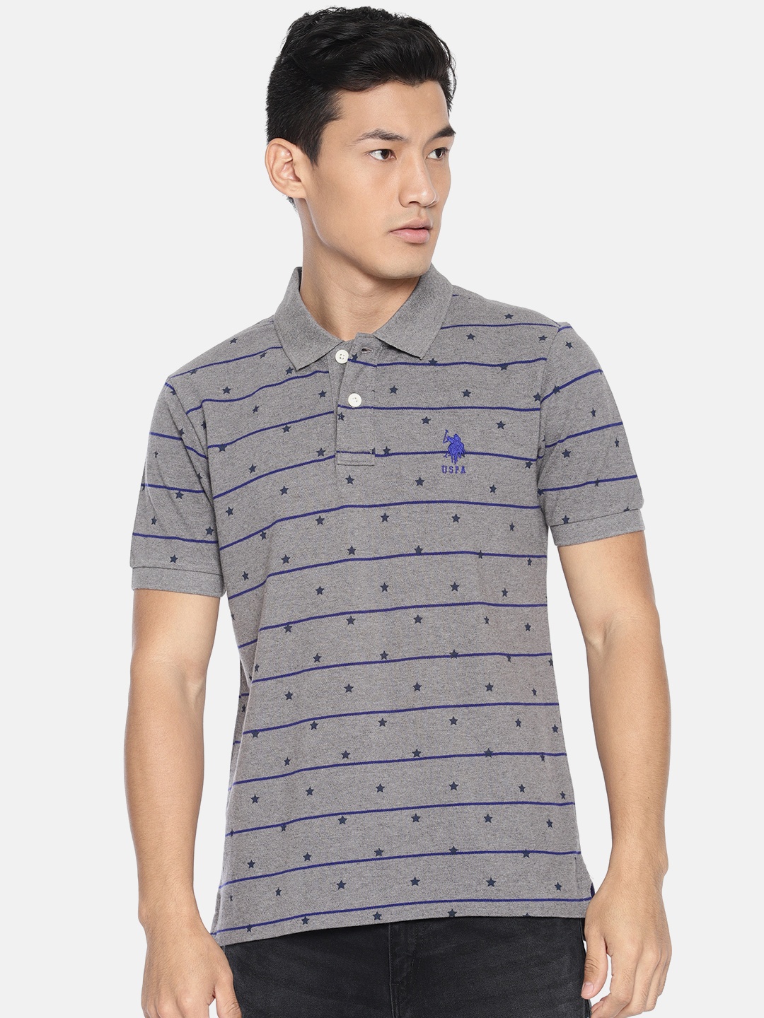 

U.S. Polo Assn. Men Grey Melange Printed Polo Collar Pure Cotton T-shirt