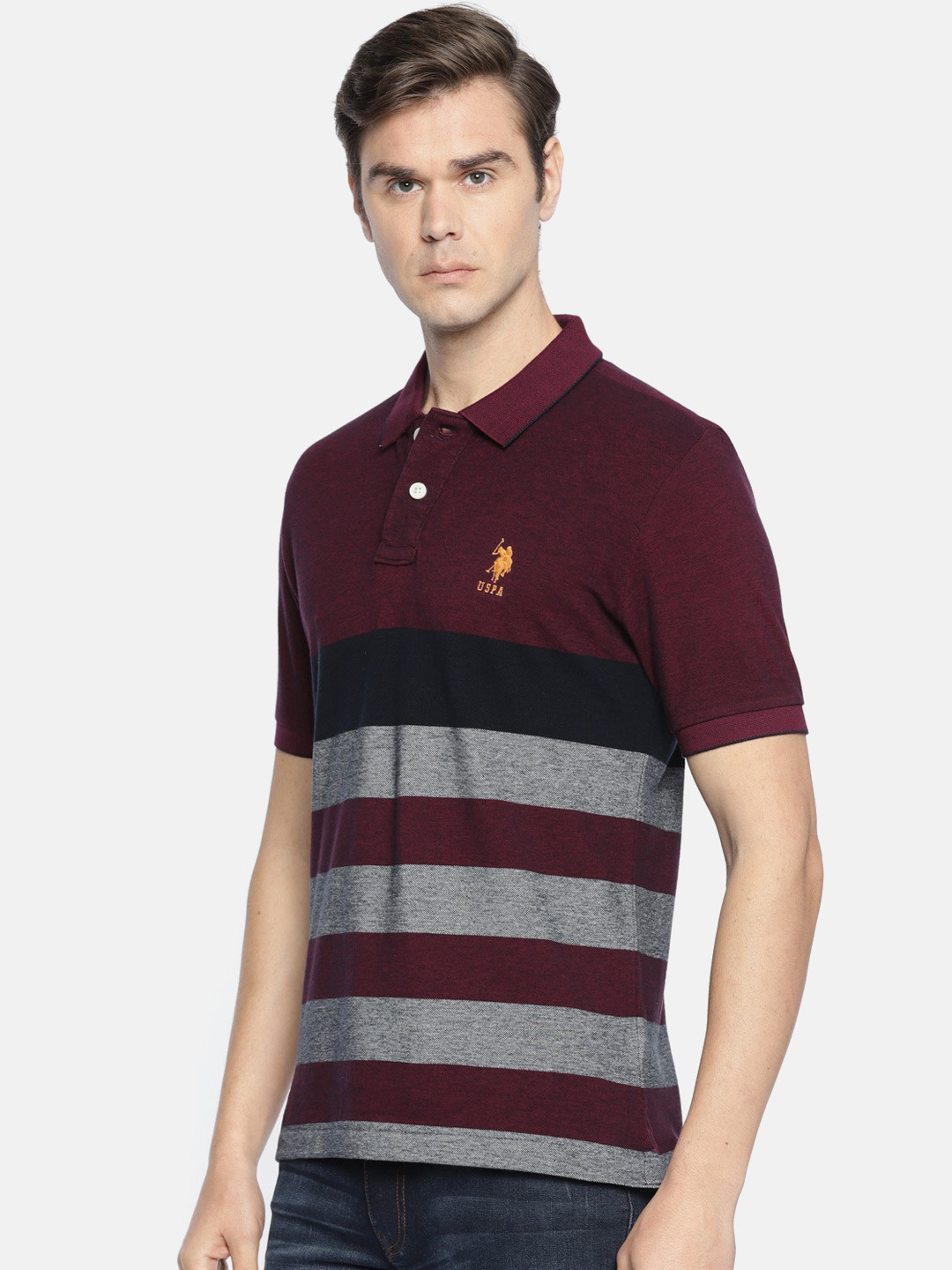 

U.S. Polo Assn. Men Maroon Striped Polo Collar Pure Cotton T-shirt