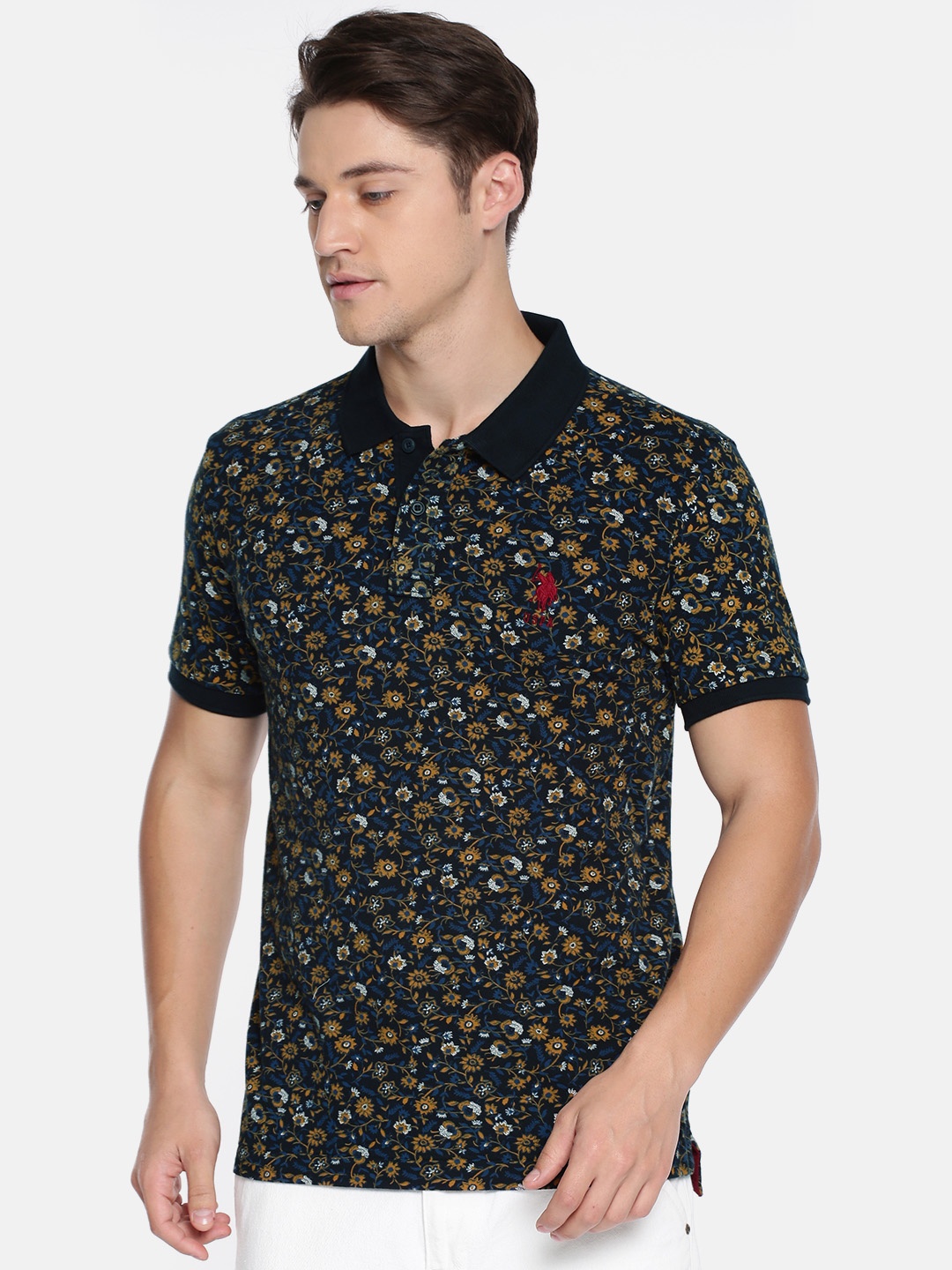 

U.S. Polo Assn. Men Navy Blue & Black Printed Polo Collar T-shirt