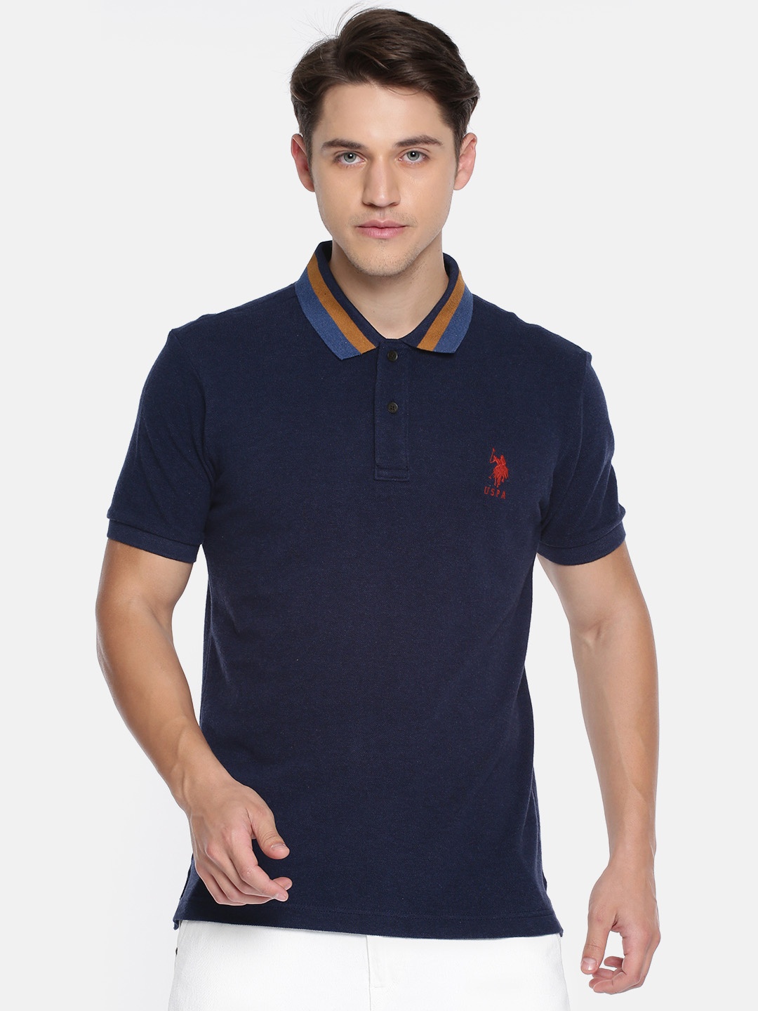 

U.S. Polo Assn. Men Navy Blue Solid Polo Collar Pure Cotton T-shirt