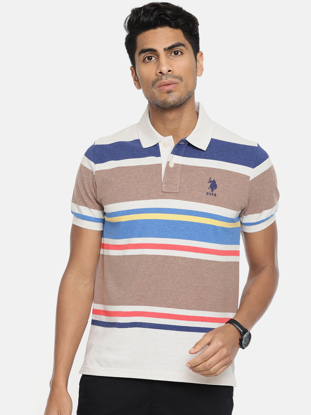 

U.S. Polo Assn. Men Multicoloured Striped Polo Collar Pure Cotton T-shirt, Multi