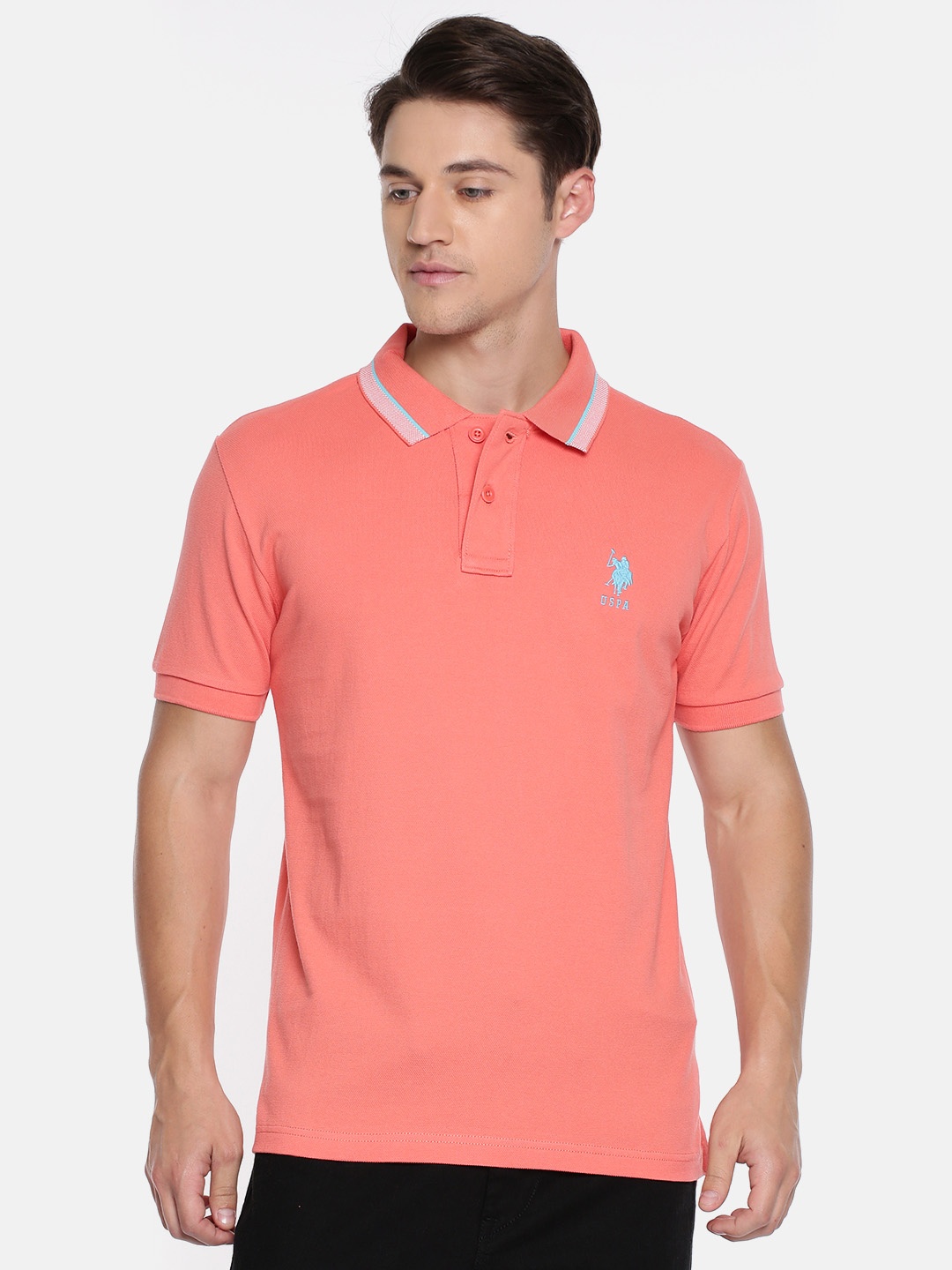 

U.S. Polo Assn. Men Peach-Coloured Solid Polo Collar Pure Cotton T-shirt