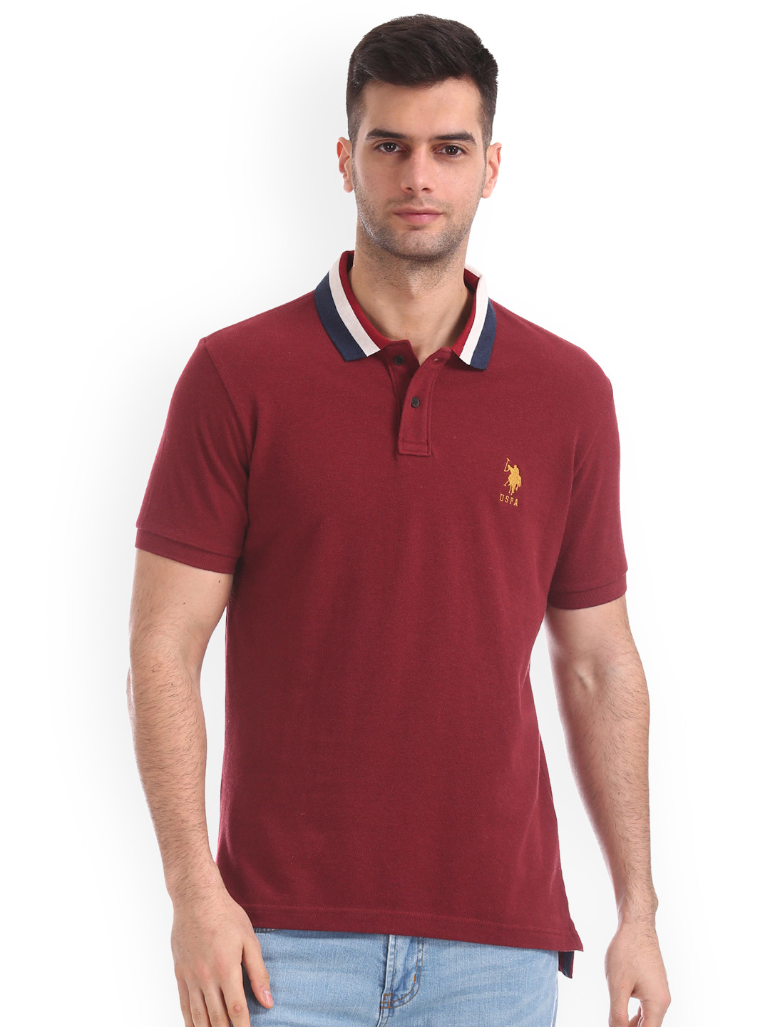 

U.S. Polo Assn. Men Red Solid Polo Collar Pure Cotton T-shirt
