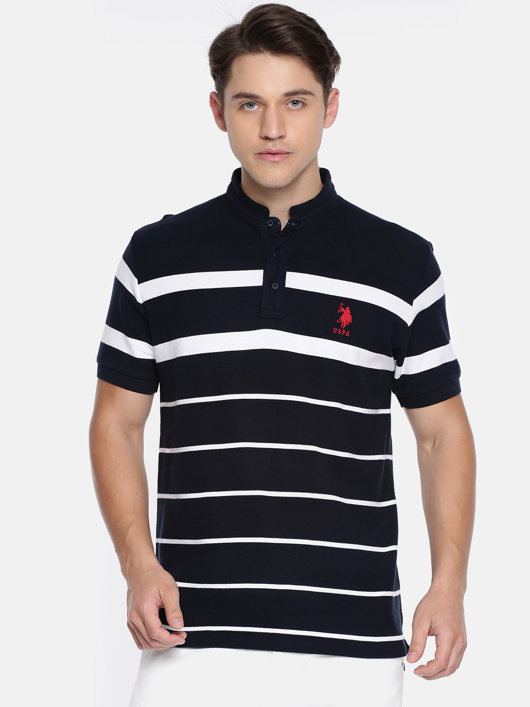 

U.S. Polo Assn. Men Navy Blue White Striped Mandarin Collar Pure Cotton T-shirt