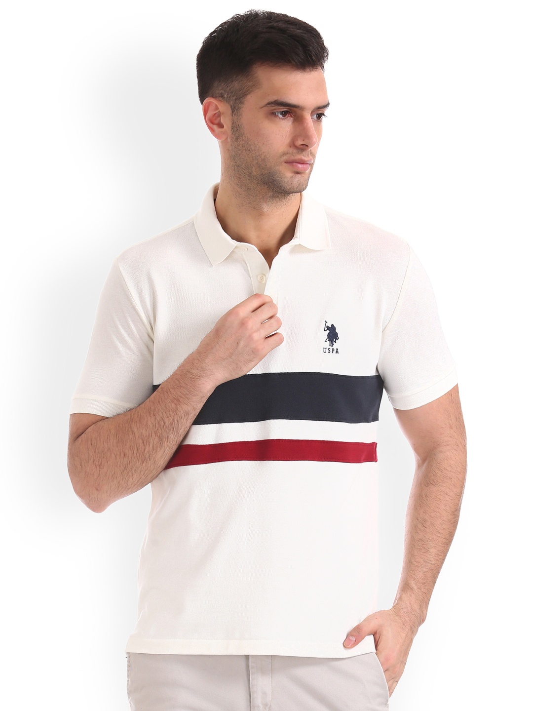 

U.S. Polo Assn. Men White Striped Polo Collar Pure Cotton T-shirt