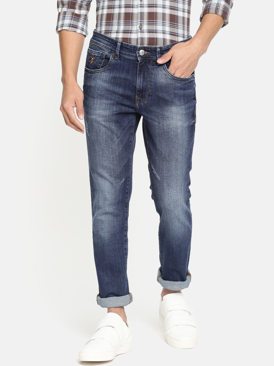 

U.S. Polo Assn. Denim Co. Men Blue Brandon Slim Tapered Fit Mid-Rise Low Distress Jeans