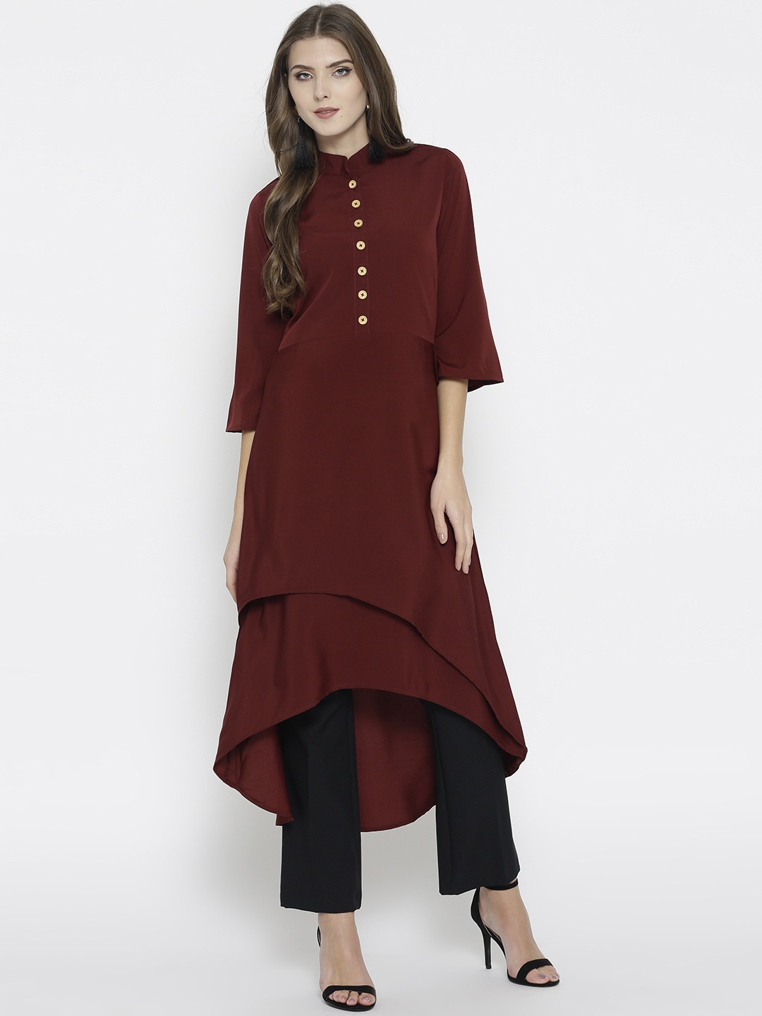 

Cottinfab Women Rust Red Solid Layered A-Line Kurta