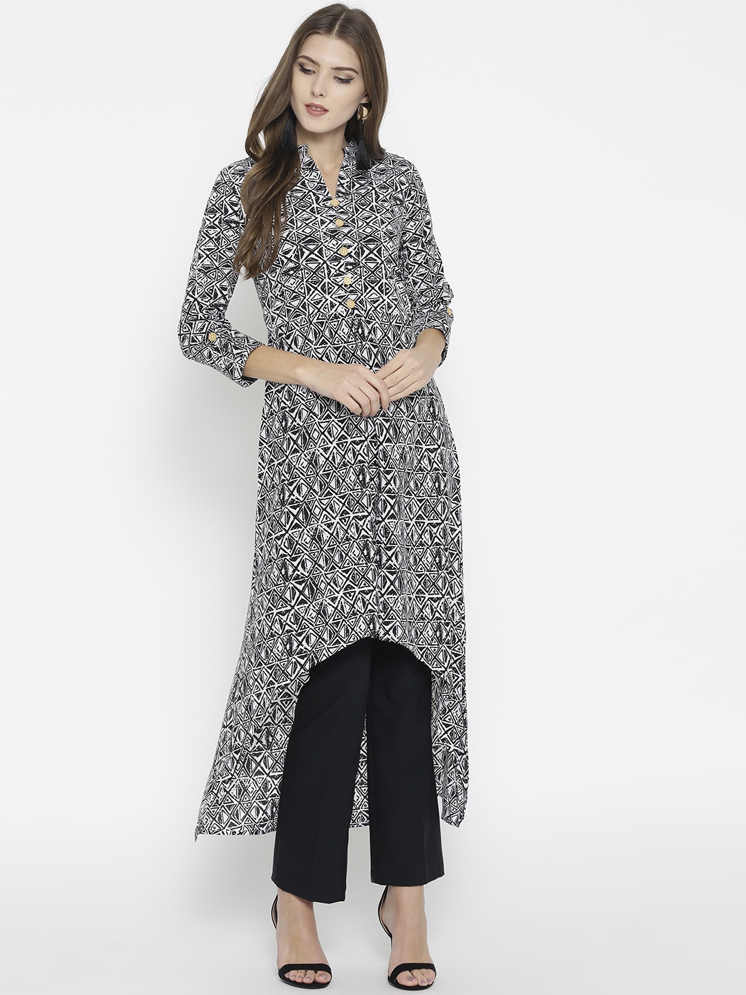 

Cottinfab Women Black & White Printed A-Line Kurta
