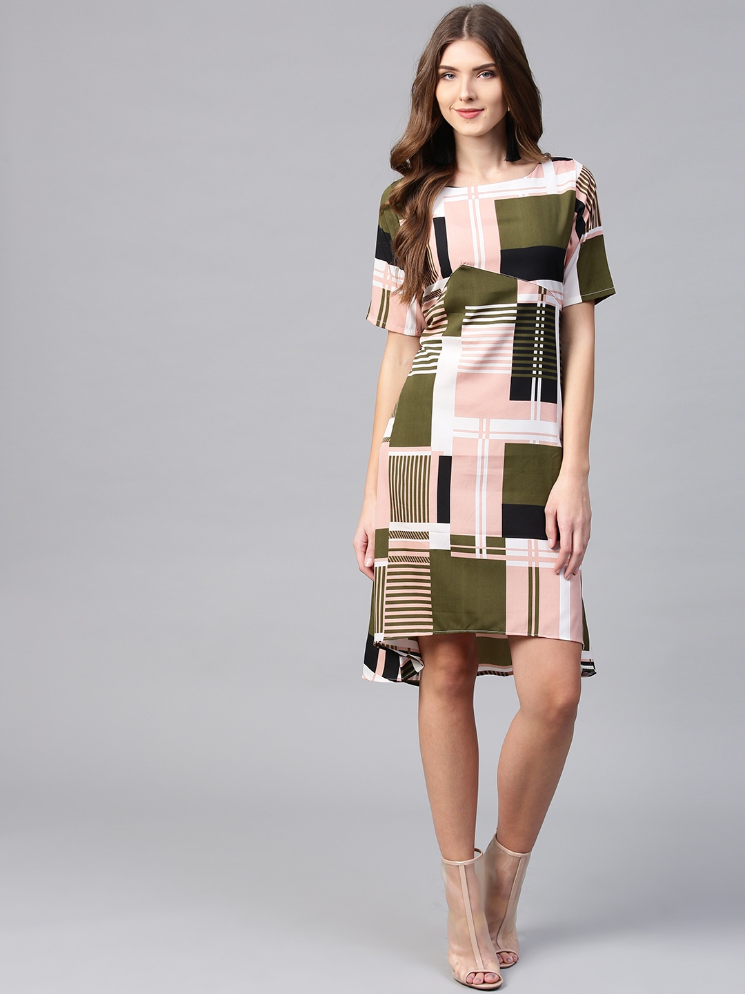 

Ives Women Peach-Coloured & Olive Green Printed A-Line Dress