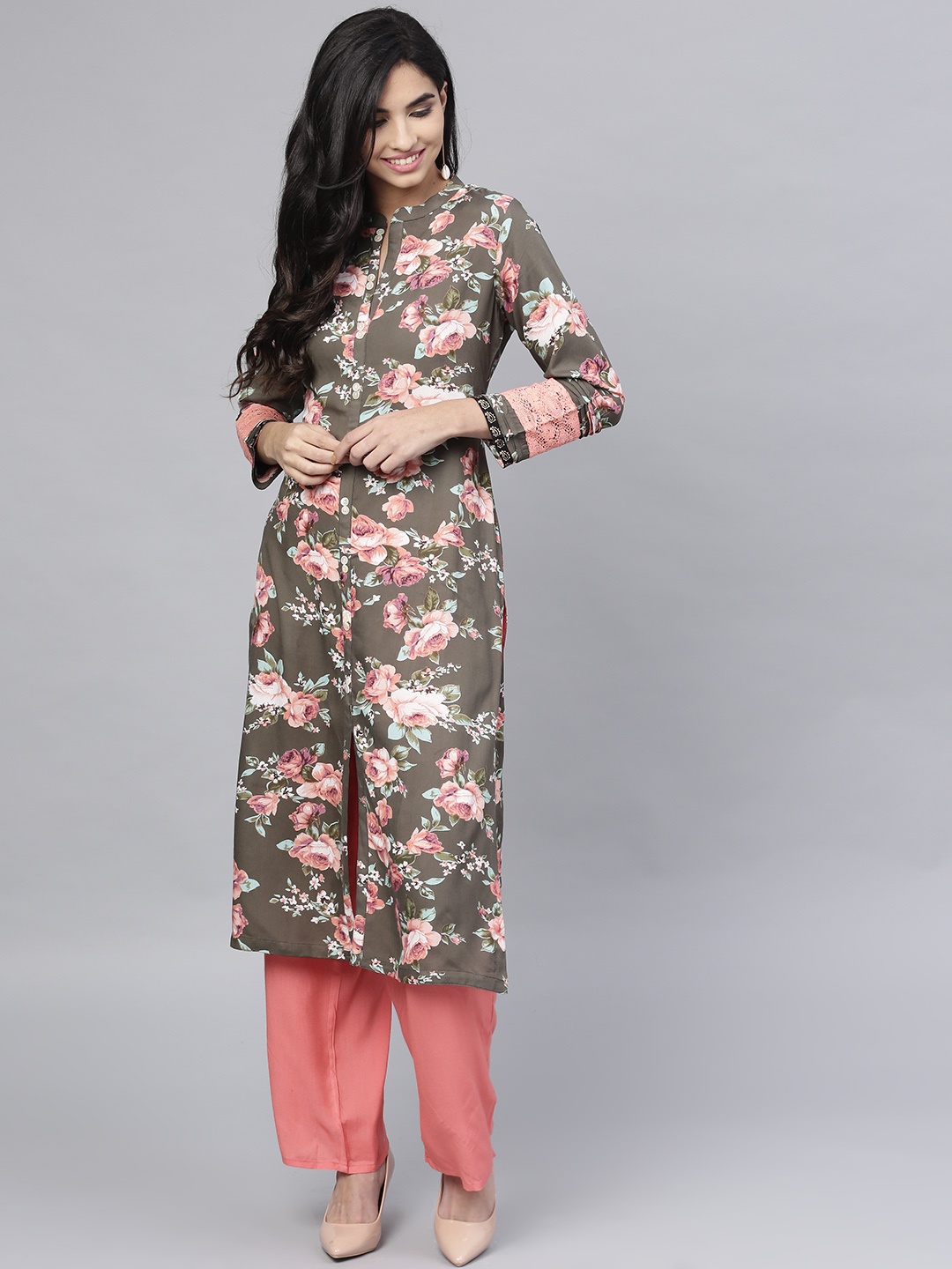 

ANAISA Women Olive Green & Coral Pink Printed Kurta with Palazzos
