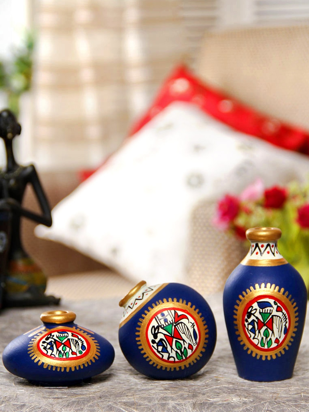 

ExclusiveLane Set Of 3 Warli Hand Painted Terracotta Miniature Pot, Blue