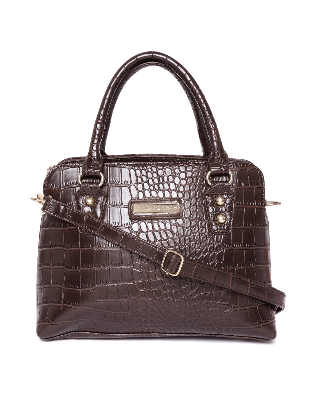 

Lino Perros Coffee Brown Croc-Textured Handheld Bag with Sling Strap