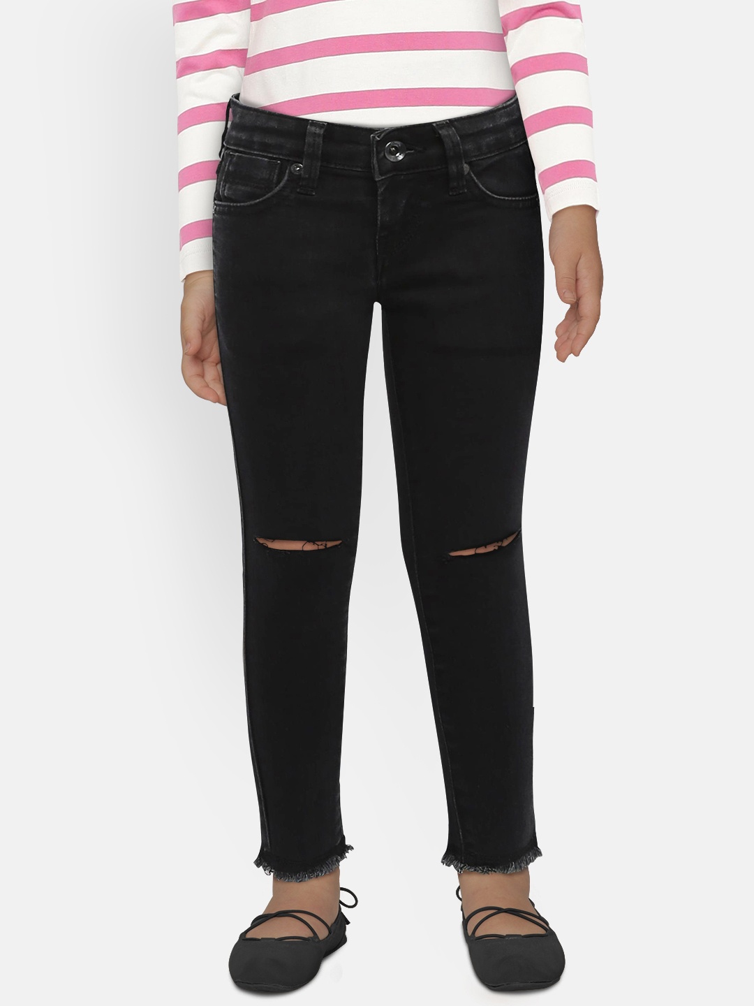 

Pepe Jeans Girls Black Skinny Fit Mid-Rise Slash Knee Stretchable Jeans