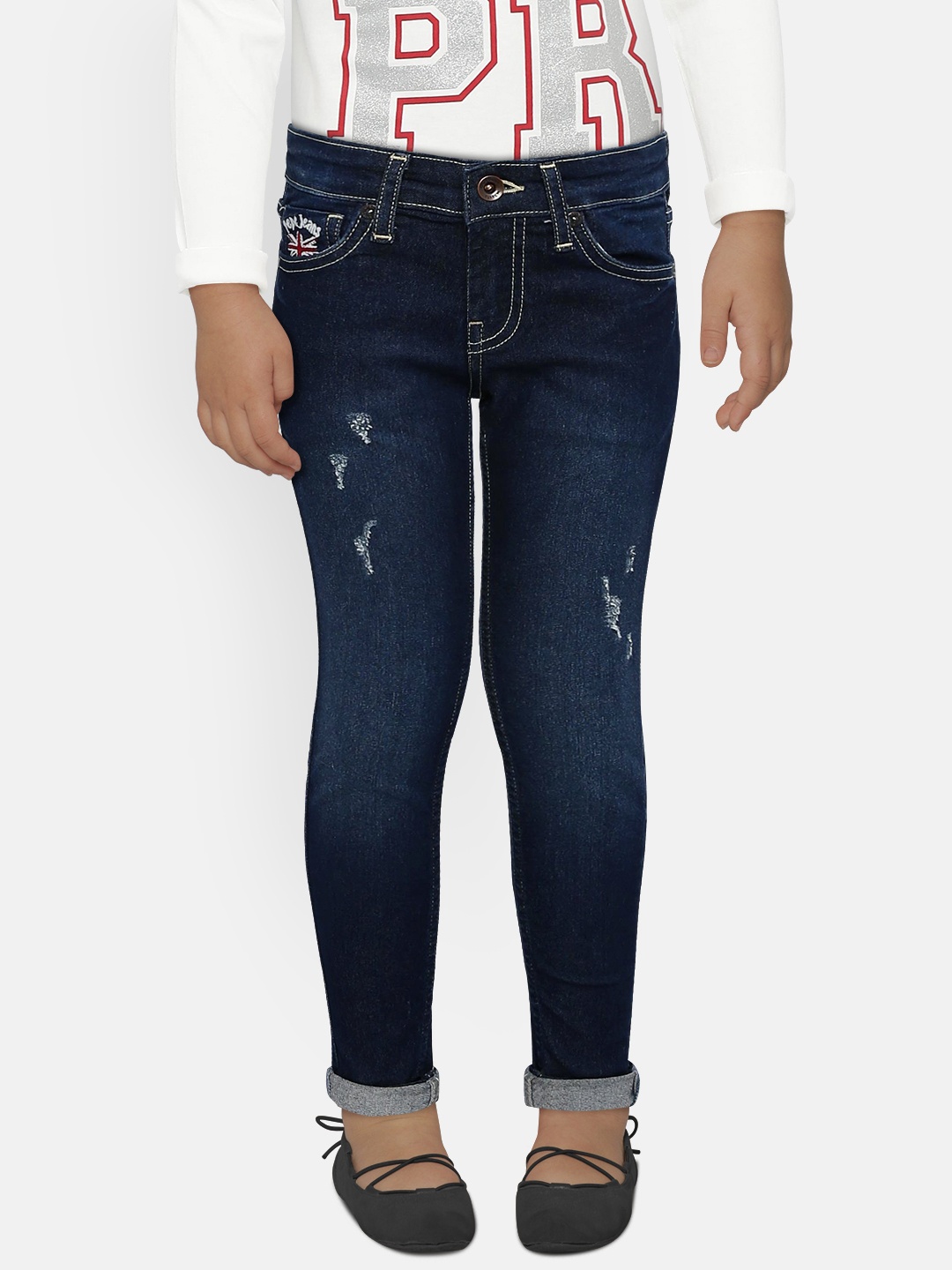 

Pepe Jeans Girls Blue Daisy IP Pixlette Skinny Fit Mid-Rise Low Distress Stretchable Jeans