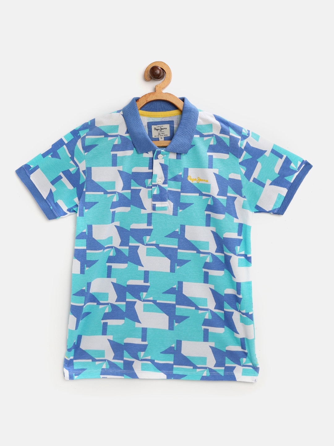 

Pepe Jeans Boys Blue White Printed Polo Collar Pure Cotton T-shirt