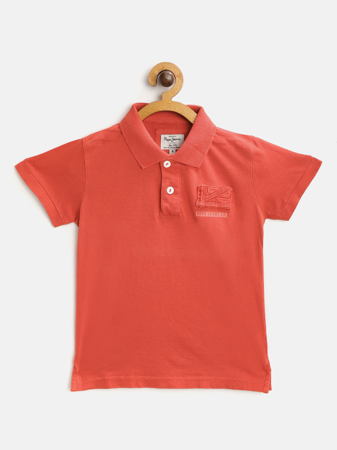 

Pepe Jeans Boys Coral Orange Solid Pure Cotton Polo Collar Pure Cotton T-shirt